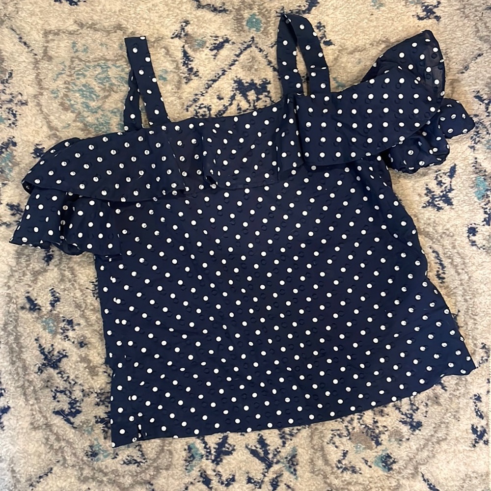 6P J. Crew Off the Shoulder Top- navy and white polka dots
